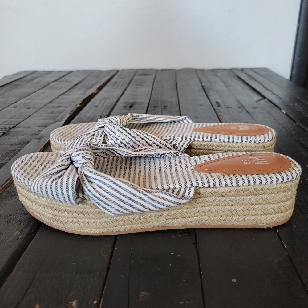 H&M Platform Espadrilles Sandals Slides Slip On Blue White Striped Bow 38 Stripe